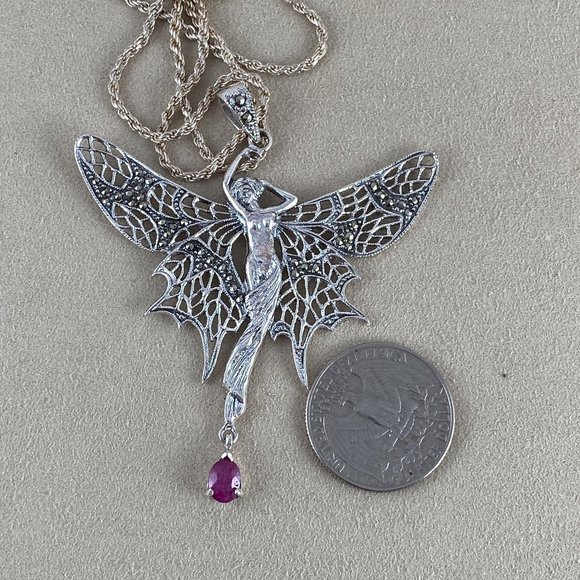 Whimsical Sterling Silver Faerie (Fairy) with Blood Red Ruby Drop Necklace - Picture 5 of 8